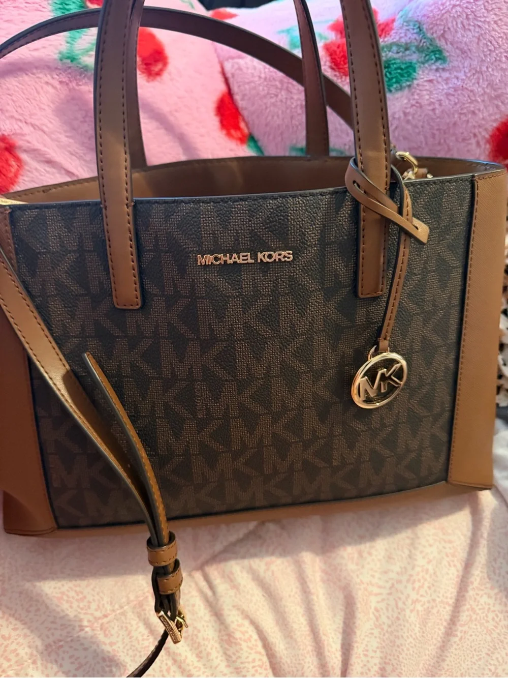 Michael Kors Brown MK Logo Satchel with Gold Charm